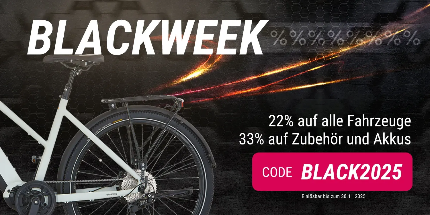 Werbebanner für Blackweek mit hinterem Teil eines Fahrrads links, dunklem Hintergrund mit Wabenstruktur und dynamischen Lichtreflexionen.